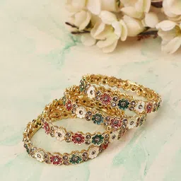 ANIKAS CREATION Set Of 4 Gold-Plated Enamelled & Stone-Studded Bangles-picture-12