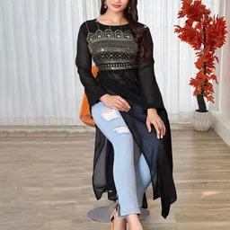 KRULRIN Embroidered Pure Georgette Handloom Kurti image 3