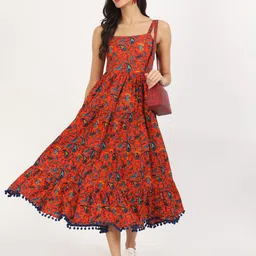 CORSICA Women Floral Print Fit & Flare Midi Cotton Dress-image-42