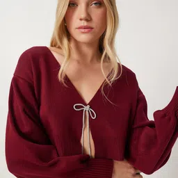 Happiness istanbul Women Drop-Shoulder Sleeves Tie-Up Crop Cardigan image 4