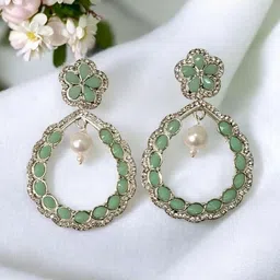 INDIAURA MODE Silver-Plated Artificial Stones Studded & Beaded Floral Shaped Drop Earrings-image-11