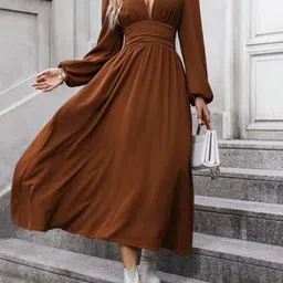 HERE&NOW Women Plunge Neck Smocked Fit and Flare Midi Dress-image-29