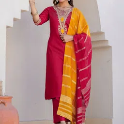 SANISA Floral Yoke Design Round Neck Sequinned Straight Kurta With Trousers & Dupatta image 2