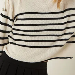 Happiness istanbul Women Krem Striped Boat Neck Long Sleeves Pullover Sweater image 4