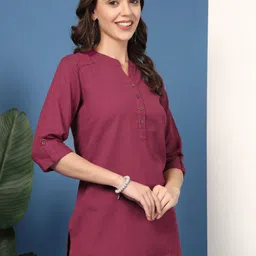 Pistaa Mandarin Collar Roll-Up Sleeves Pure Cotton Kurti image 3