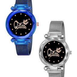 CSAMON Women Pack Of 2 Bracelet Style Straps Analogue Watch Queen Blue Silver Maganet-picture-11