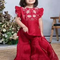 Vivedkids Girls Floral Embroidered Regular Thread Work Kurti with Sharara & With Dupatta image 4