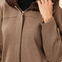 Nayam By Lakshita Women Tweed Long Coat with Fur Hood and Zip Closure image 5