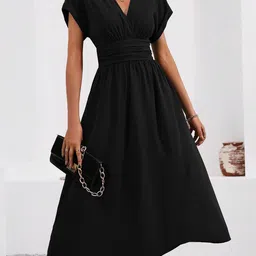 Outzidr Women V-Neck Short Sleeves Fit & Flare Midi Dress-picture-21