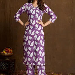 Women Basket Abstract Printed Pure Cotton V-Neck Straight Kurta With Trousers-picture-40