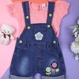 V-Mart Infant Girls Self-Design Cotton Dungarees With T-shirt-picture-32