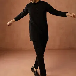 KISAH Men Black Silk Blend Mid Kurta Trouser Set Solid Minimalistic Ethnic Wear-image-93