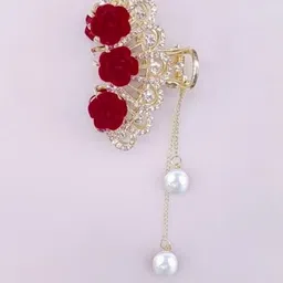 Balasundri Women Golden & Red Rose Embellished Nonslip Metal Hair Clutcher-image-99