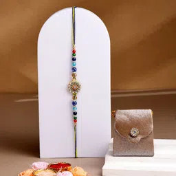 ADIVA Men Pack Of 3 Cubic Zirconia Studded & Beaded Rakhi With Bag & Pooja Thali Gift Set-picture-19