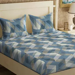 Myntra Elegant Homes Turquoise Blue & Beige Geometric 300 TC King Bedsheet with 2 Pillow Covers-image-11