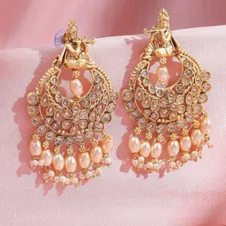 ADIVA 22K Gold-Plated Kundan Studded And Pearls Beaded Crescent Shaped Chandbalis-picture-35