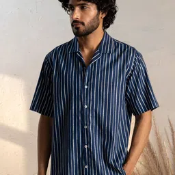 Canoopi Men Comfort Fit Vertical Striped Cuban Collar Cotton Casual Shirt-image-0