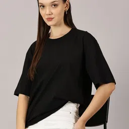 Rodzen Women Solid Round Neck Pure Cotton Oversized T-shirt-image-23