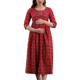 MAGHMA Women Cotton Floral Print Maternity Fit & Flare Midi Dress-picture-41