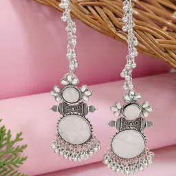 I Jewels Silver-Plated Oxidised Mirror Drop Circular Drop Earrings With Earchain-picture-32