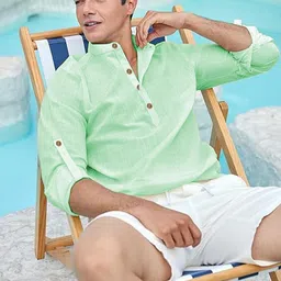 KNOWTED Band Collar Roll-Up Sleeves Straight Short Kurta image 3