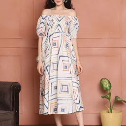 Aawari Women Floral Printed Off-Shoulder Fit and Flare Midi Dress-picture-13