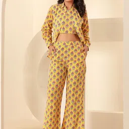 Sol Studio Floral Printed Pure Cotton Shirt Collar Shirt & Crop-Top With Palazzos-image-1