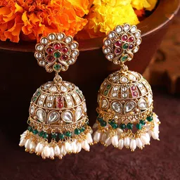 Priyaasi Gold-Plated Stone Studded & Pearls Beaded Dome Shaped Jhumkas-picture-49