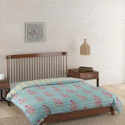 Fabindia Rasika Blue & Pink Ethnic Motifs Printed 354 GSM Cotton Double Blanket Quilt-picture-30