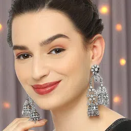 fabula Kundan Studded Oxidised Mirror Work Dome Shaped Jhumkas-picture-36