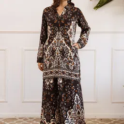 KALINI Ethnic Motifs Printed Mandarin Collar Straight Tunic With Palazzos image 5