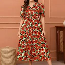 GAB Women Floral Printed Pure Cotton Tiered Fit & Flare Midi Dress-image-61