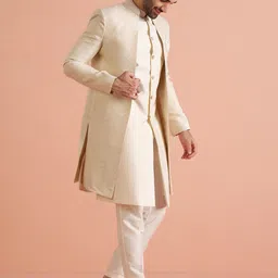 KISAH Men Zari Regular Fit Jacquard Jacket Sherwani Trouser Set image 4
