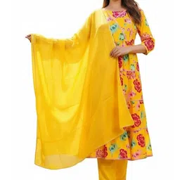 Fabinn Women Floral Printed Tiered Pure Cotton Kurta with Trousers & With Dupatta-image-10