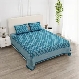 KD PRINTS Blue & White Floral 210 TC King Bedsheet with 2 Pillow Covers-image-12