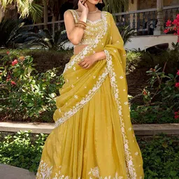 dearthank Mustard Embroidered Thread Work Lehenga & Unstitched Blouse With Dupatta-picture-24