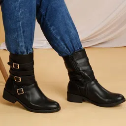 Flat n Heels Women Mid-Top Round Toe Biker Boots With Buckle-picture-40