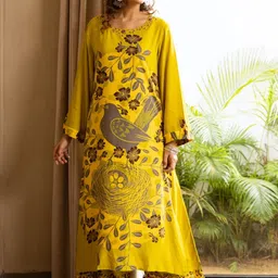 HERE&NOW Floral Printed Round Neck Thread Work Kurta With Palazzos image 2
