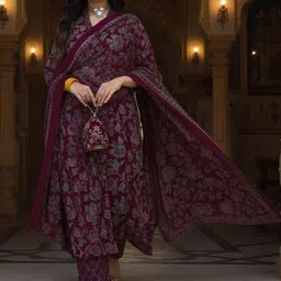 GoSriKi Ethnic Motifs Printed V-Neck Straight Kurta With Trousers & Dupatta image 3