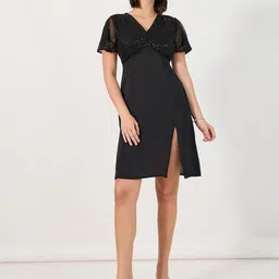 Styli Women Embellished V-Neck Bell Sleeve A-Line Above Knee Dress With Slit-image-28
