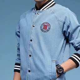 HERE&NOW Embroidered Pure Cotton Denim Bomber Jacket image 4