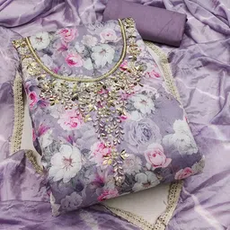 SAINOOR Floral Printed Beads & Stones Muslin Cotton Unstitched Dress Material image 2