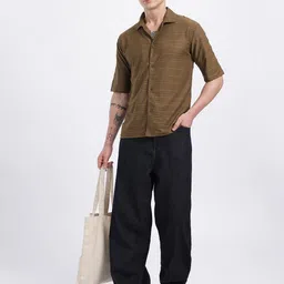 glitchez Horizontally Self-Striped Cuban Collar Regular Fit Shirt image 2