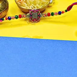 ORANGENYSHA Set Of 3 American Diamonds Studded & Beaded Meenakari Thread Rakhis image 2