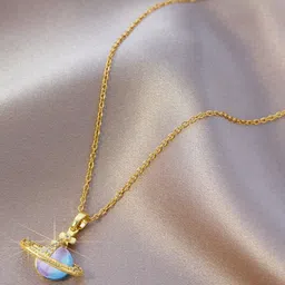 FAB COUTURE Stainless Steel Gold-Plated Studded Waterproof Saturn Quirky Pendant & Chain-picture-24