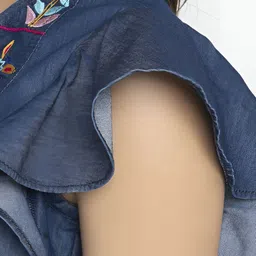 Shiv traders collection Floral Embroidered Tie-Up Neck Flutter Sleeve Cotton Denim Top image 2