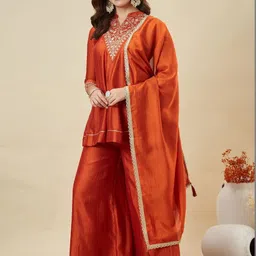 MOKOSH Women Ethnic Motifs Embroidered Thread Work Pure Silk Kurti & Palazzos With Dupatta image 4