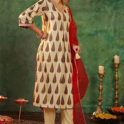 Rain & Rainbow Women Ethnic Motifs Printed Regular Beads and Stones Kurta with Trousers & With Dupatta image 3