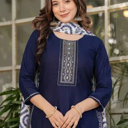 KALINI Ethnic Motifs Embroidered Thread Work Straight Kurta With Trousers & Dupatta image 4