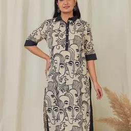 Aramya Abstract Printed Shirt Collar Three-Quarter Sleeves Pure Cotton Pathani Kurta-picture-38